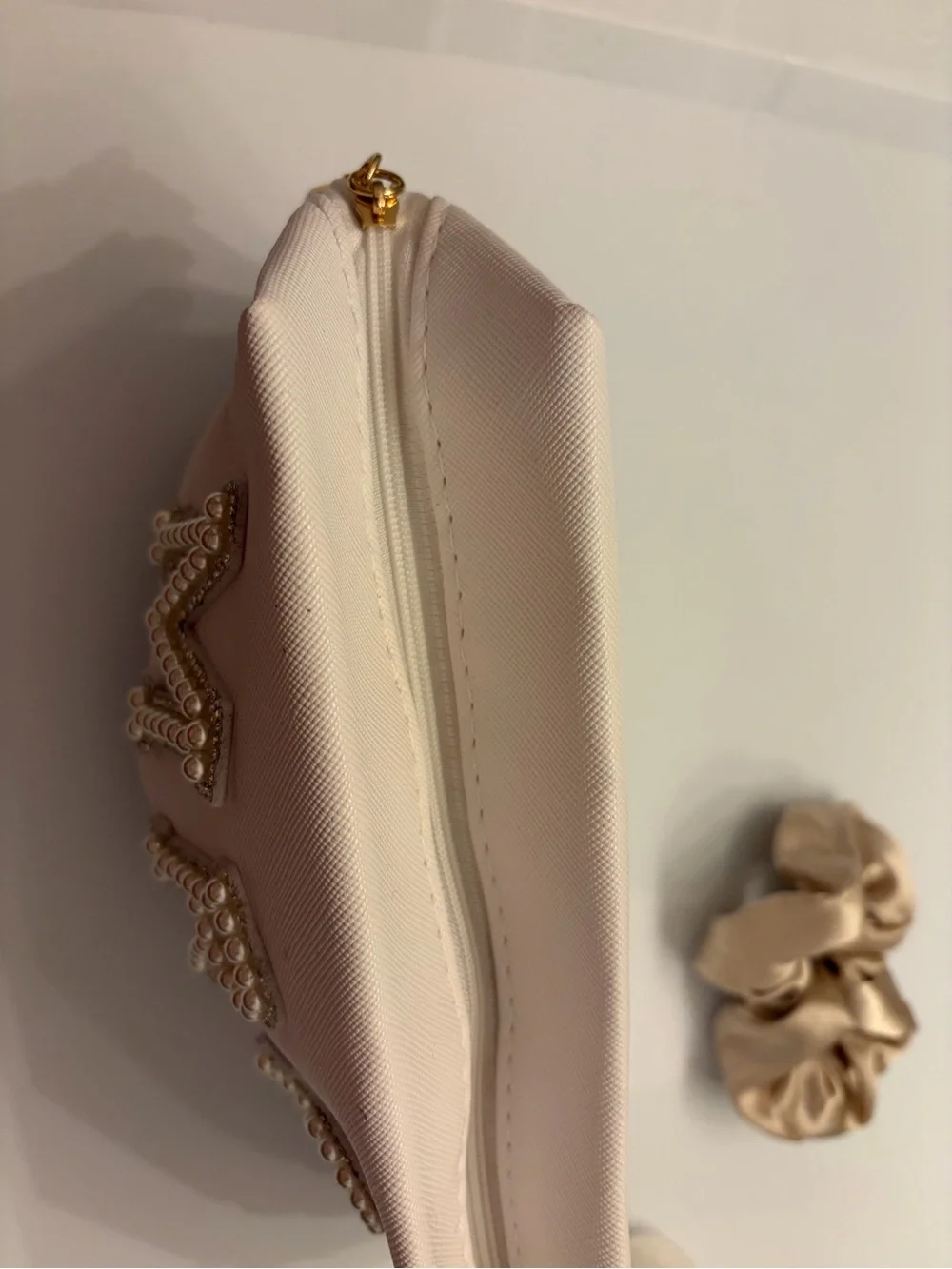 Bridal Kit:Cream Cosmetic Pouch Pearl 'MRS' Detail, 2 Bride Claw Clips, Scunchie